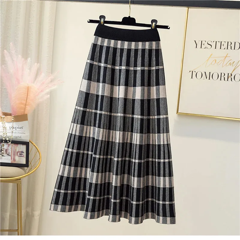 Vintage Plaid Elegant Knitted Long Skirts