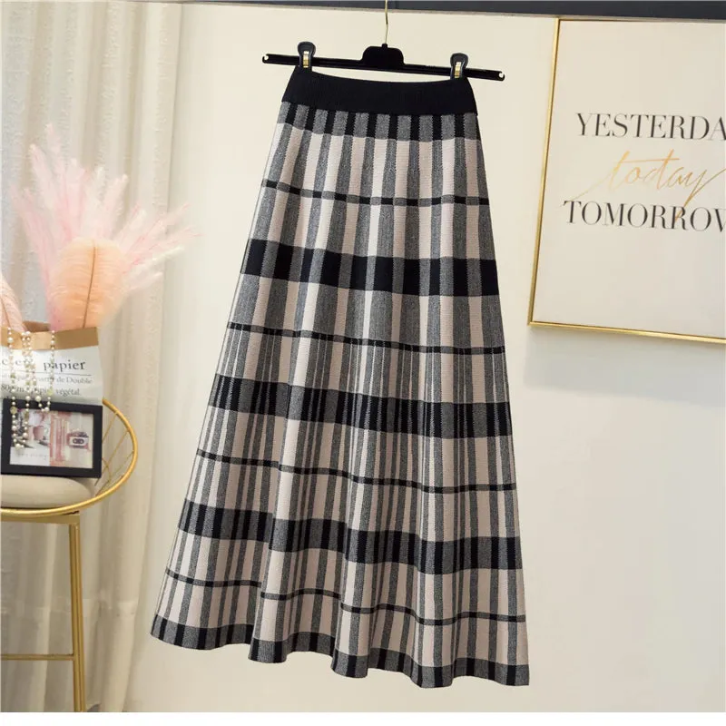 Vintage Plaid Elegant Knitted Long Skirts