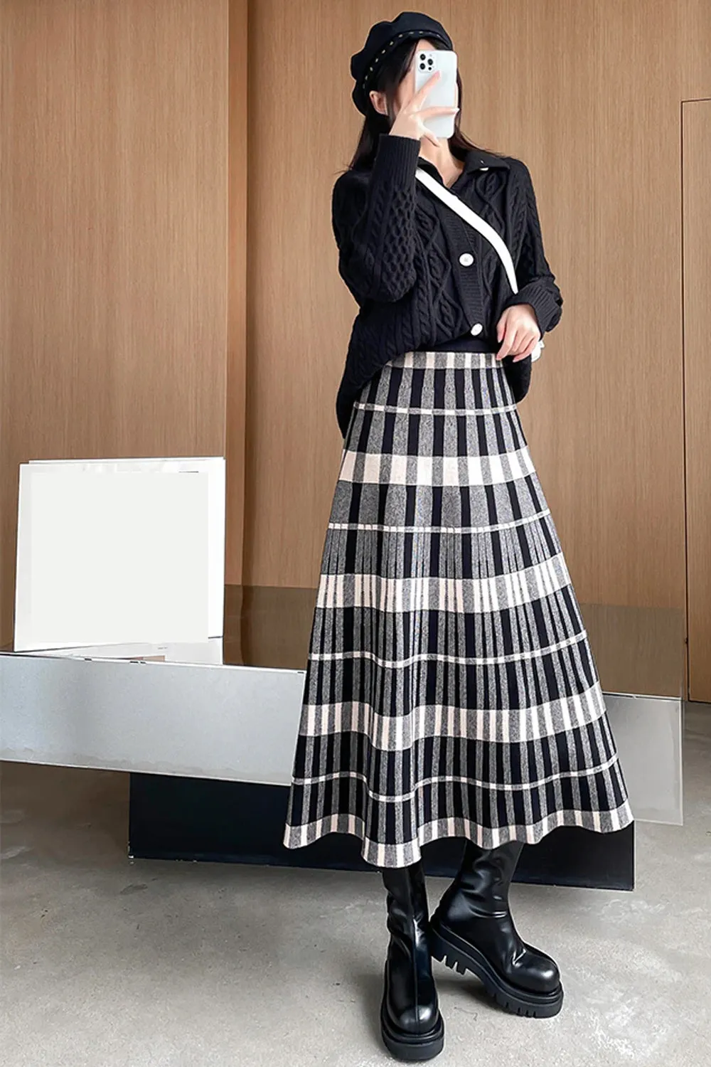 Vintage Plaid Elegant Knitted Long Skirts
