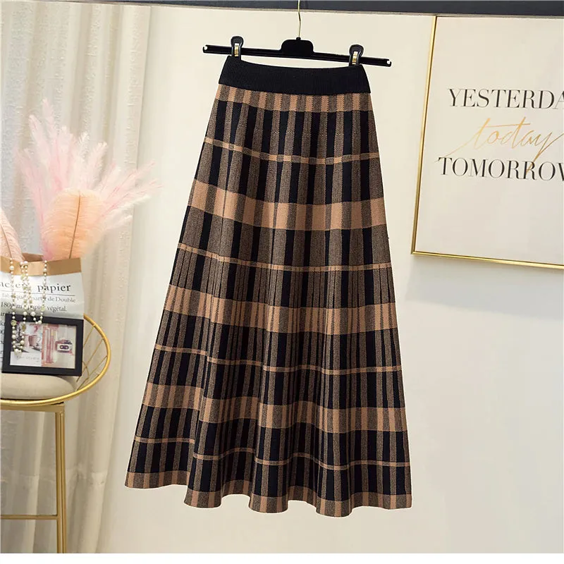 Vintage Plaid Elegant Knitted Long Skirts
