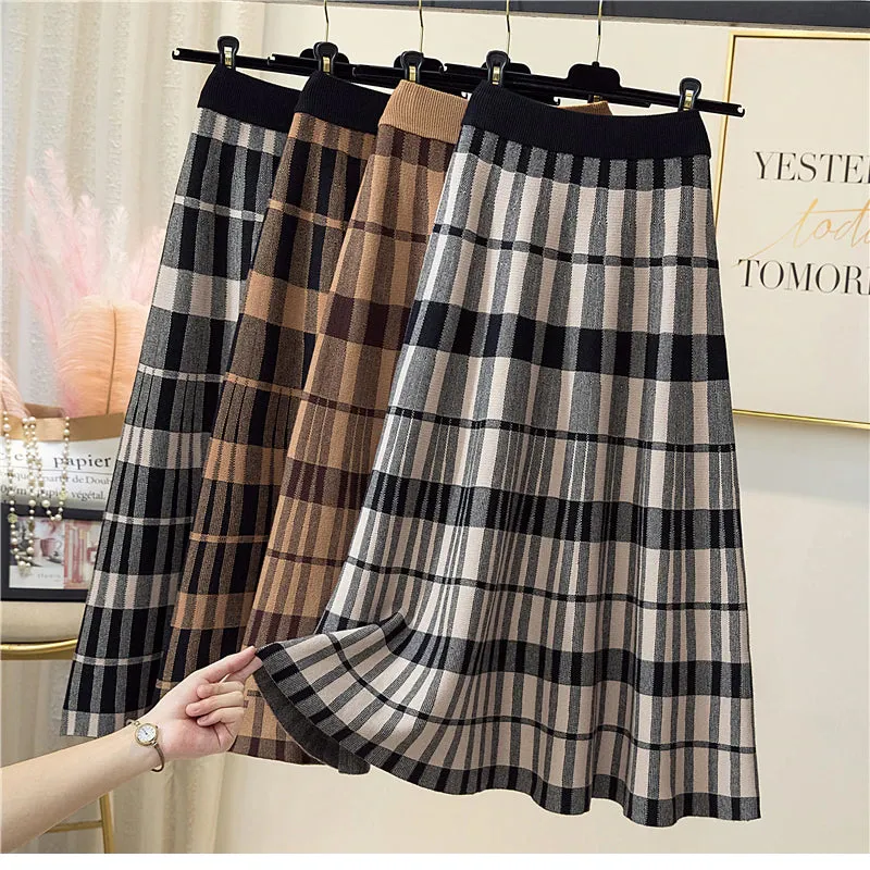 Vintage Plaid Elegant Knitted Long Skirts