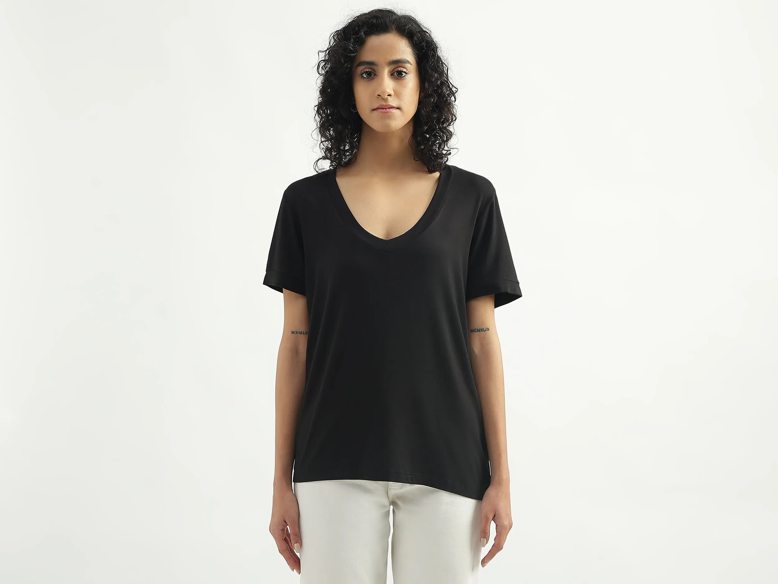 Viscose Solid V-Neck Women T-shirts