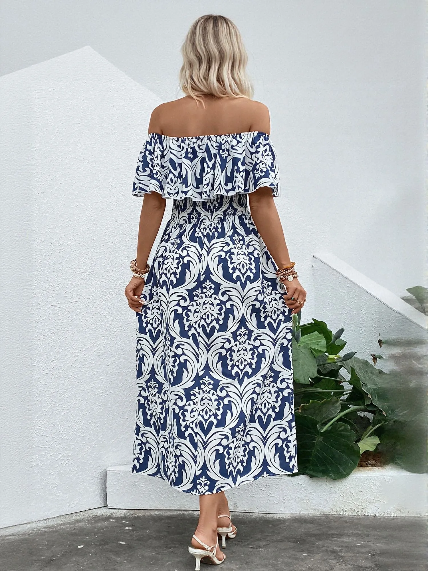 White All Over Point Off Shoulder High Slit Maxi
