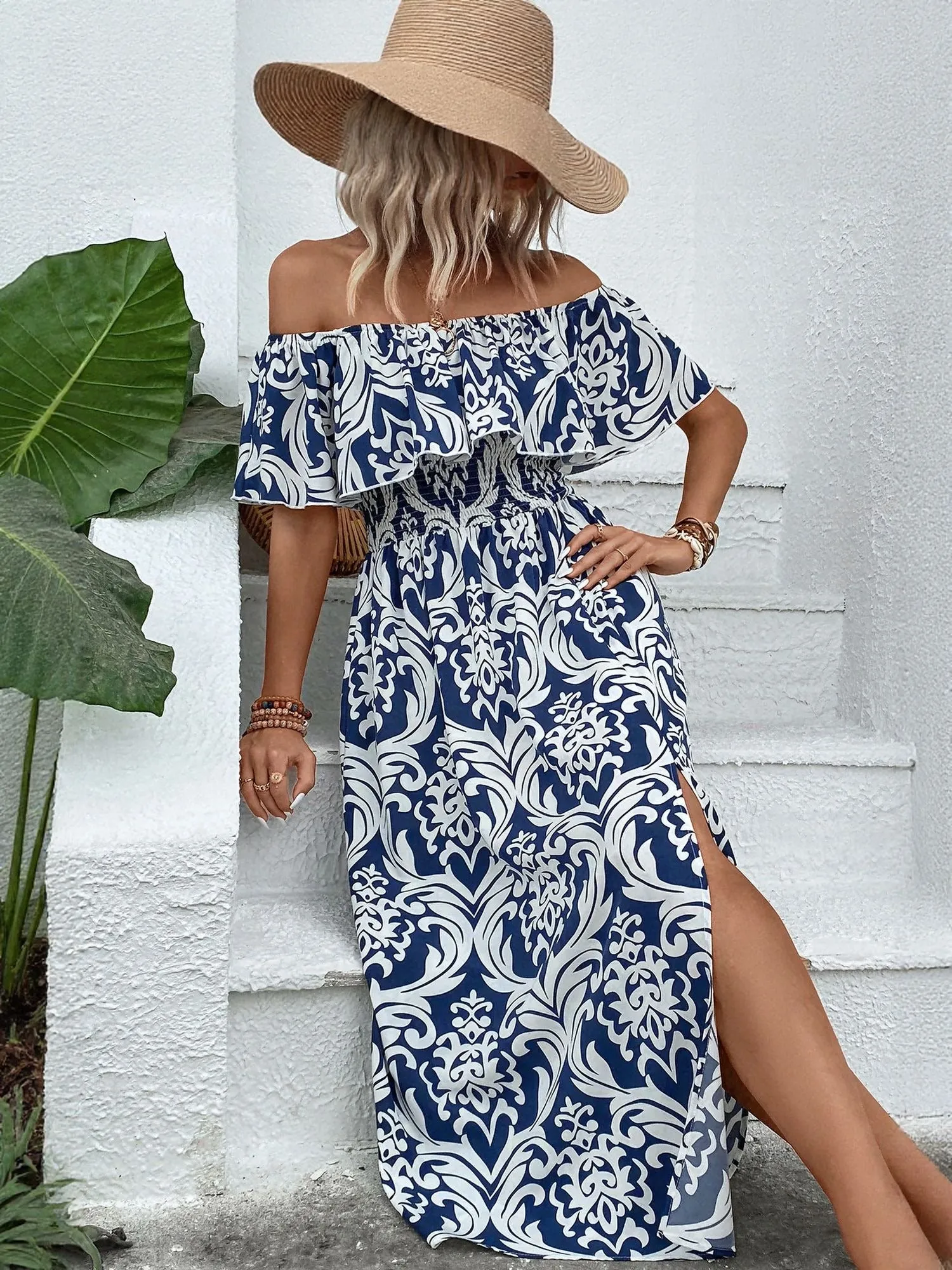White All Over Point Off Shoulder High Slit Maxi