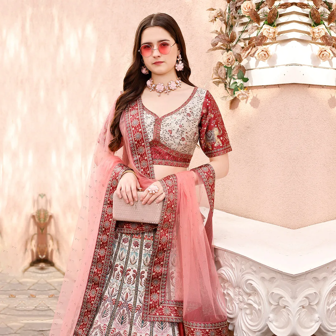 White and Pink Embroidered Lehenga Set