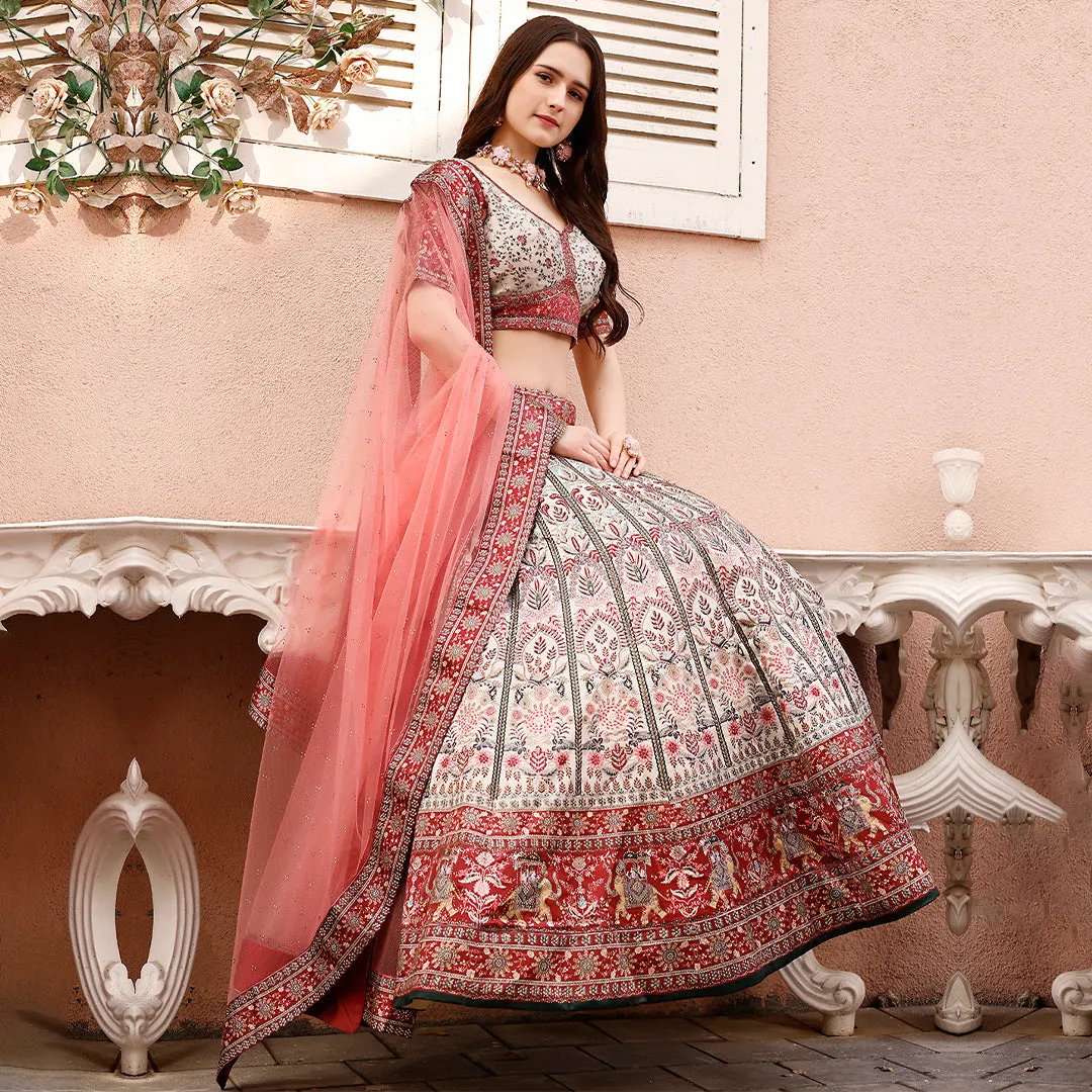 White and Pink Embroidered Lehenga Set