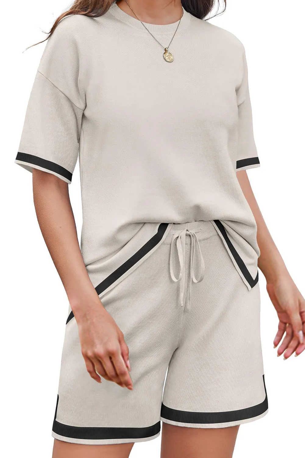 White Color Block Knitted Crewneck T Shirt and Lace-up Shorts Set
