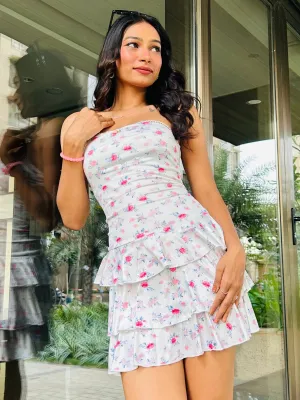 White Floral Printed Tube Tiered Mini Dress
