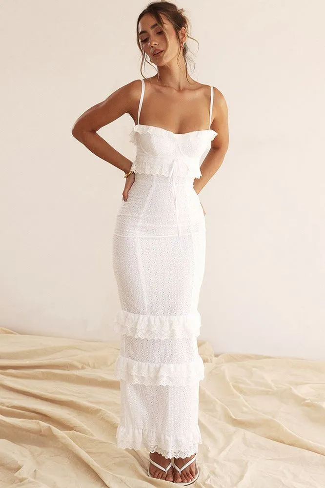 White Hook Flower Suspender Long Dress
