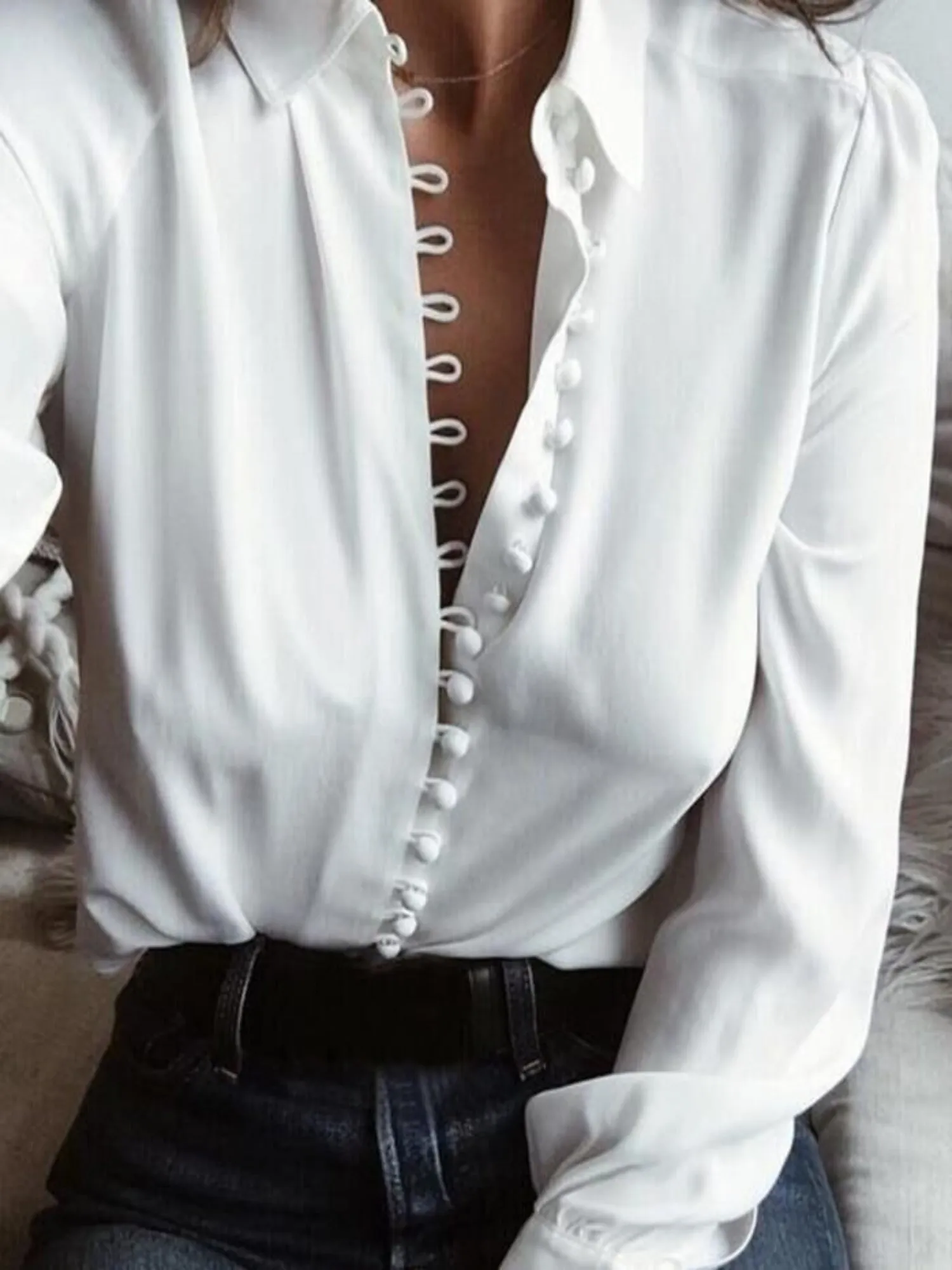 White Satin Button Down Blouse