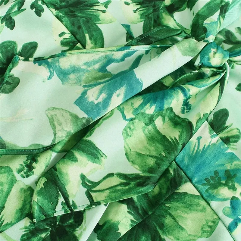 Wide Leg Jumpsuit Women Green Print Long Jumpsuit Knot Strap Sleeveless Romper spaghetti strap