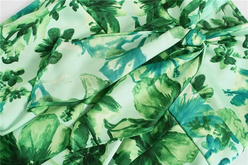 Wide Leg Jumpsuit Women Green Print Long Jumpsuit Knot Strap Sleeveless Romper spaghetti strap