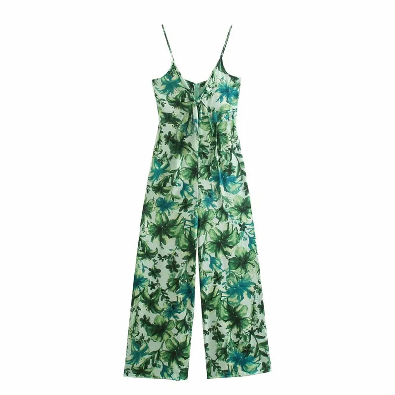 Wide Leg Jumpsuit Women Green Print Long Jumpsuit Knot Strap Sleeveless Romper spaghetti strap
