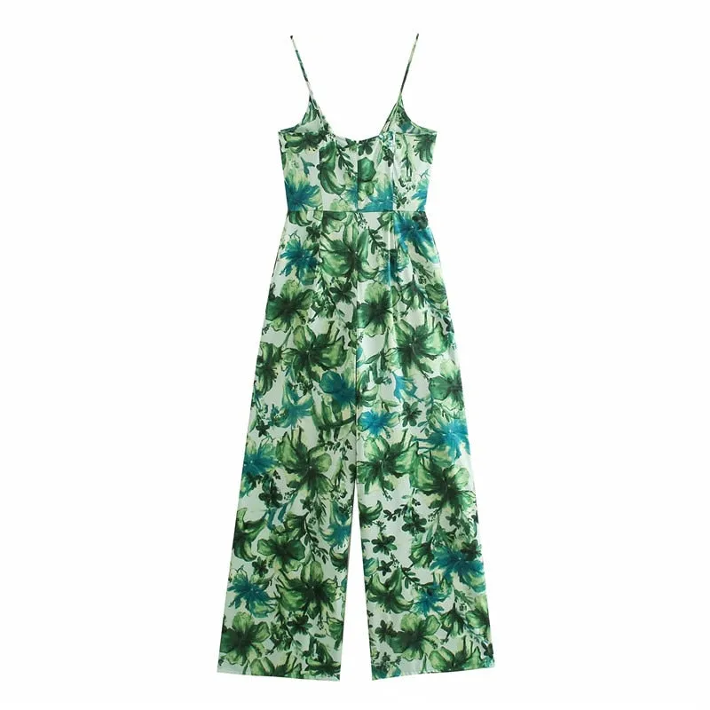 Wide Leg Jumpsuit Women Green Print Long Jumpsuit Knot Strap Sleeveless Romper spaghetti strap