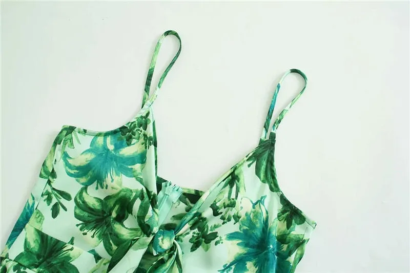 Wide Leg Jumpsuit Women Green Print Long Jumpsuit Knot Strap Sleeveless Romper spaghetti strap