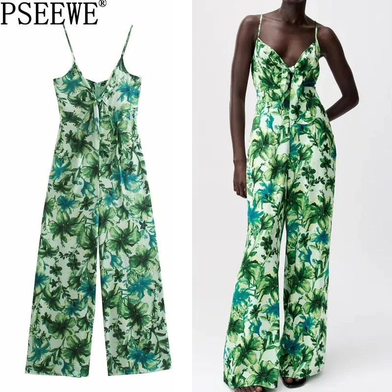 Wide Leg Jumpsuit Women Green Print Long Jumpsuit Knot Strap Sleeveless Romper spaghetti strap