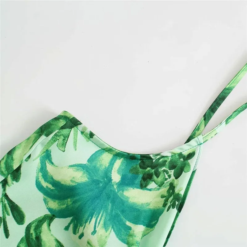 Wide Leg Jumpsuit Women Green Print Long Jumpsuit Knot Strap Sleeveless Romper spaghetti strap