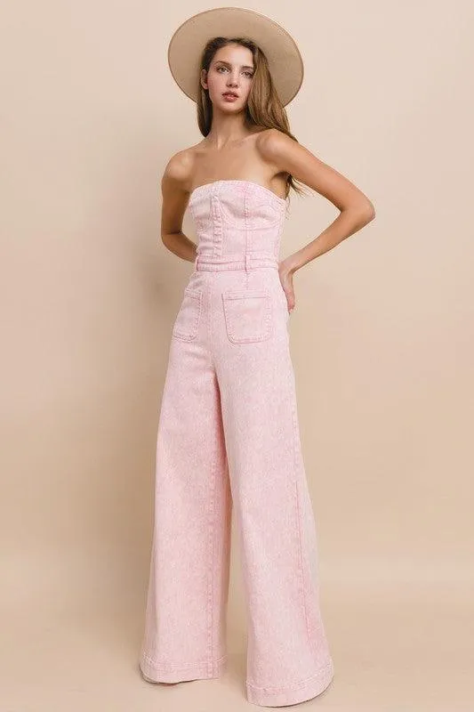WIDE LEG MINERAL WASH TUBE TOP DENIM JUMPSUIT