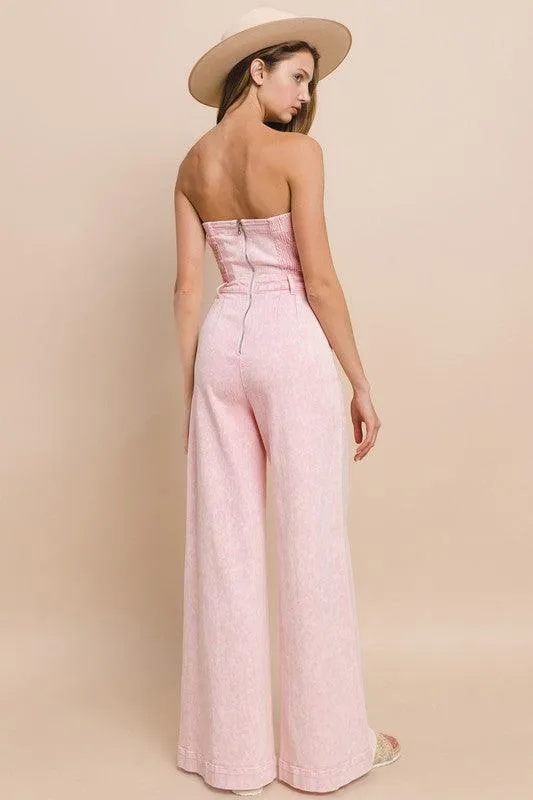 WIDE LEG MINERAL WASH TUBE TOP DENIM JUMPSUIT