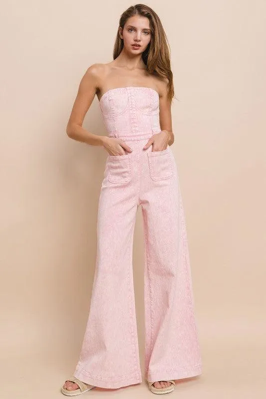 WIDE LEG MINERAL WASH TUBE TOP DENIM JUMPSUIT