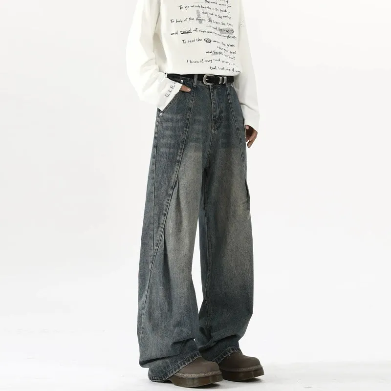 Wide-Leg Pleated Deconstructed Jeans