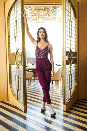 Wine Lace with Sequin Jumpsuit