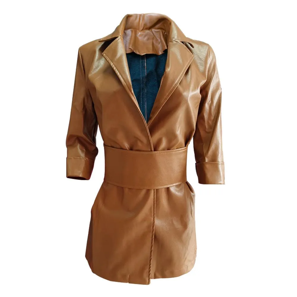 Women Long Sleeves Blazer Mini PU Dresses with Belt