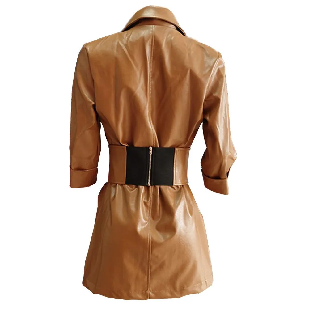 Women Long Sleeves Blazer Mini PU Dresses with Belt
