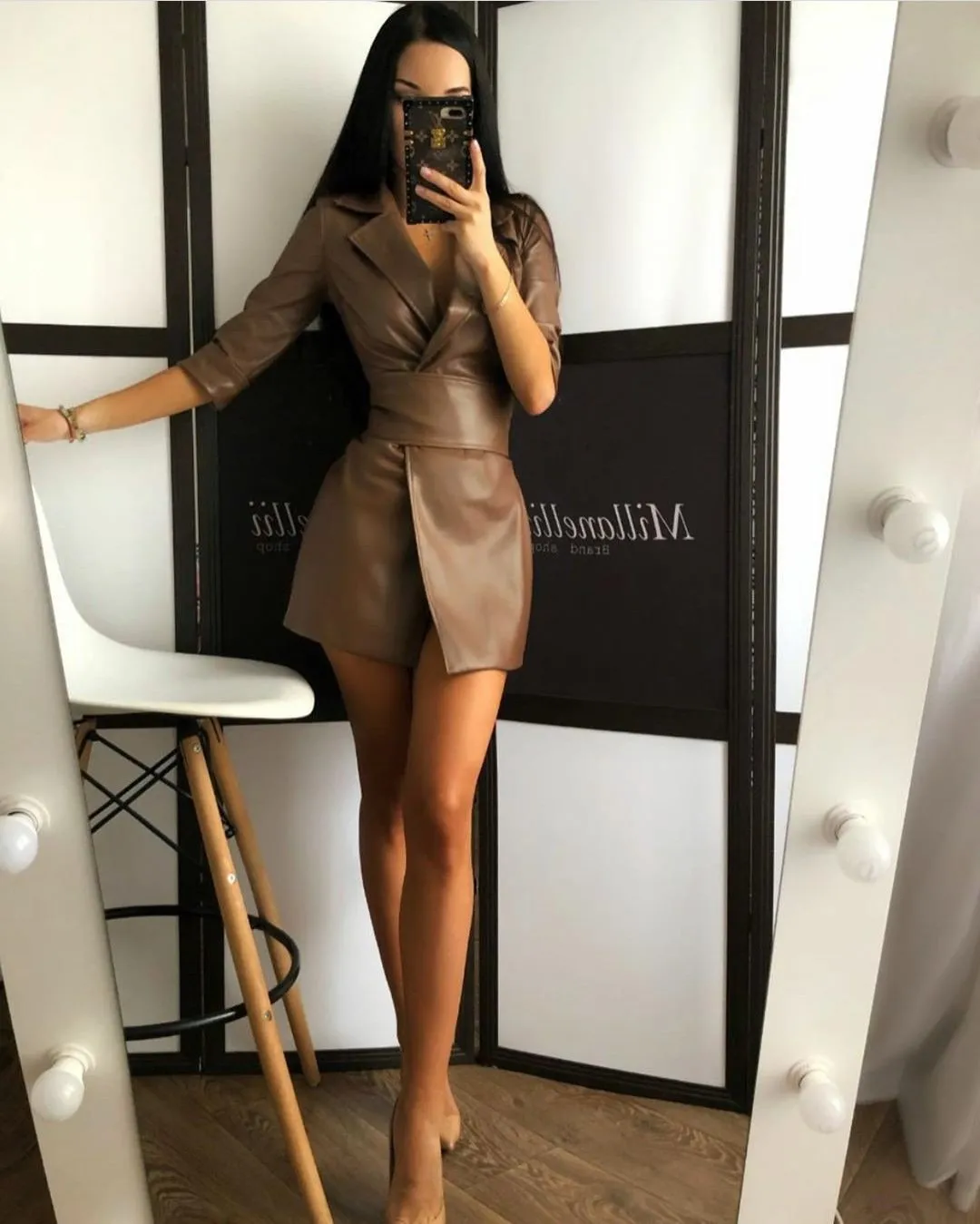 Women Long Sleeves Blazer Mini PU Dresses with Belt