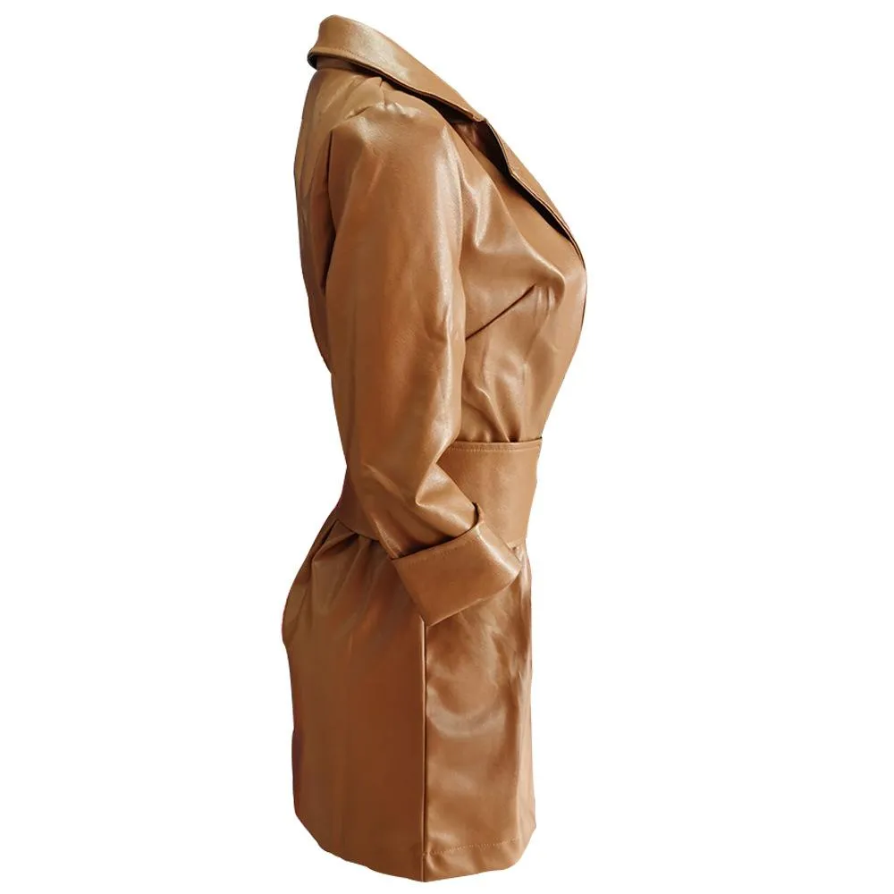 Women Long Sleeves Blazer Mini PU Dresses with Belt
