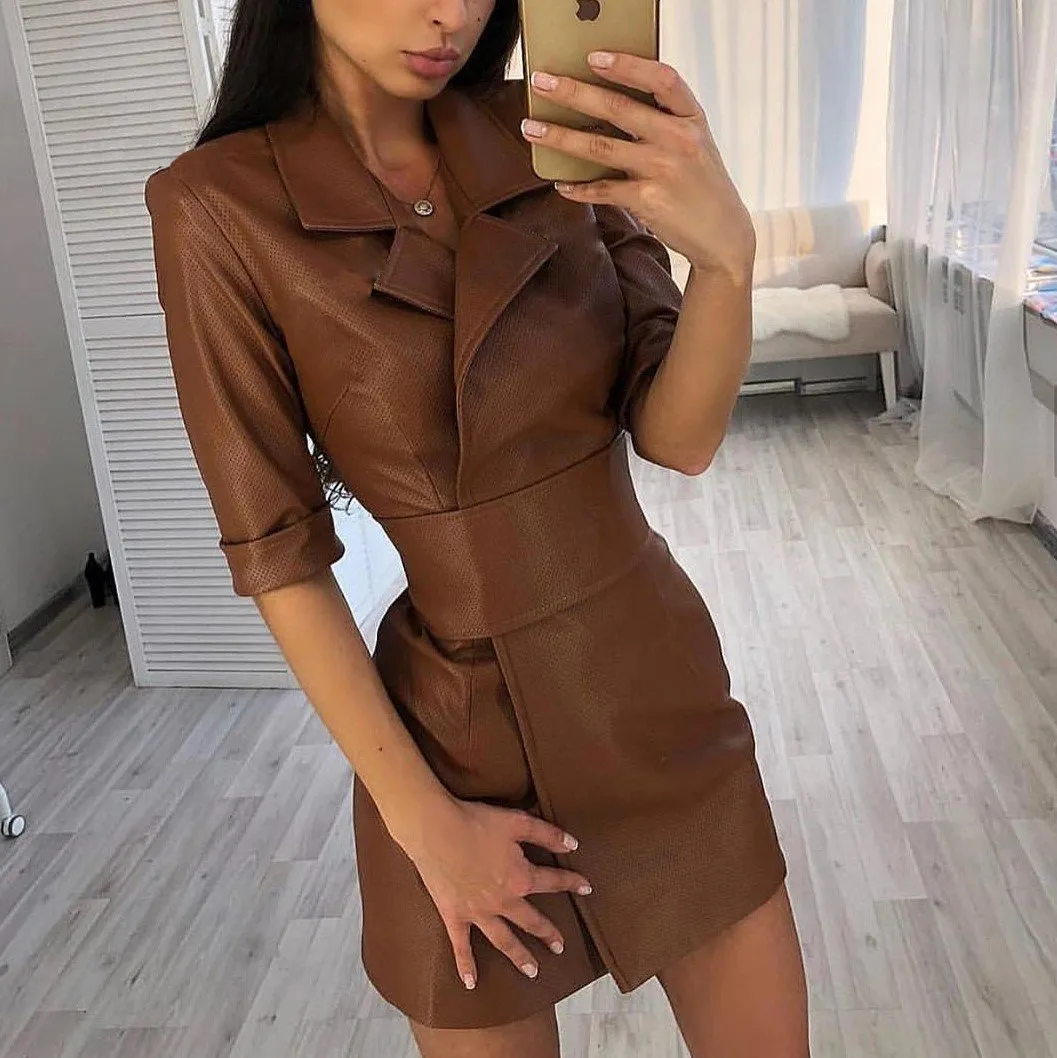 Women Long Sleeves Blazer Mini PU Dresses with Belt