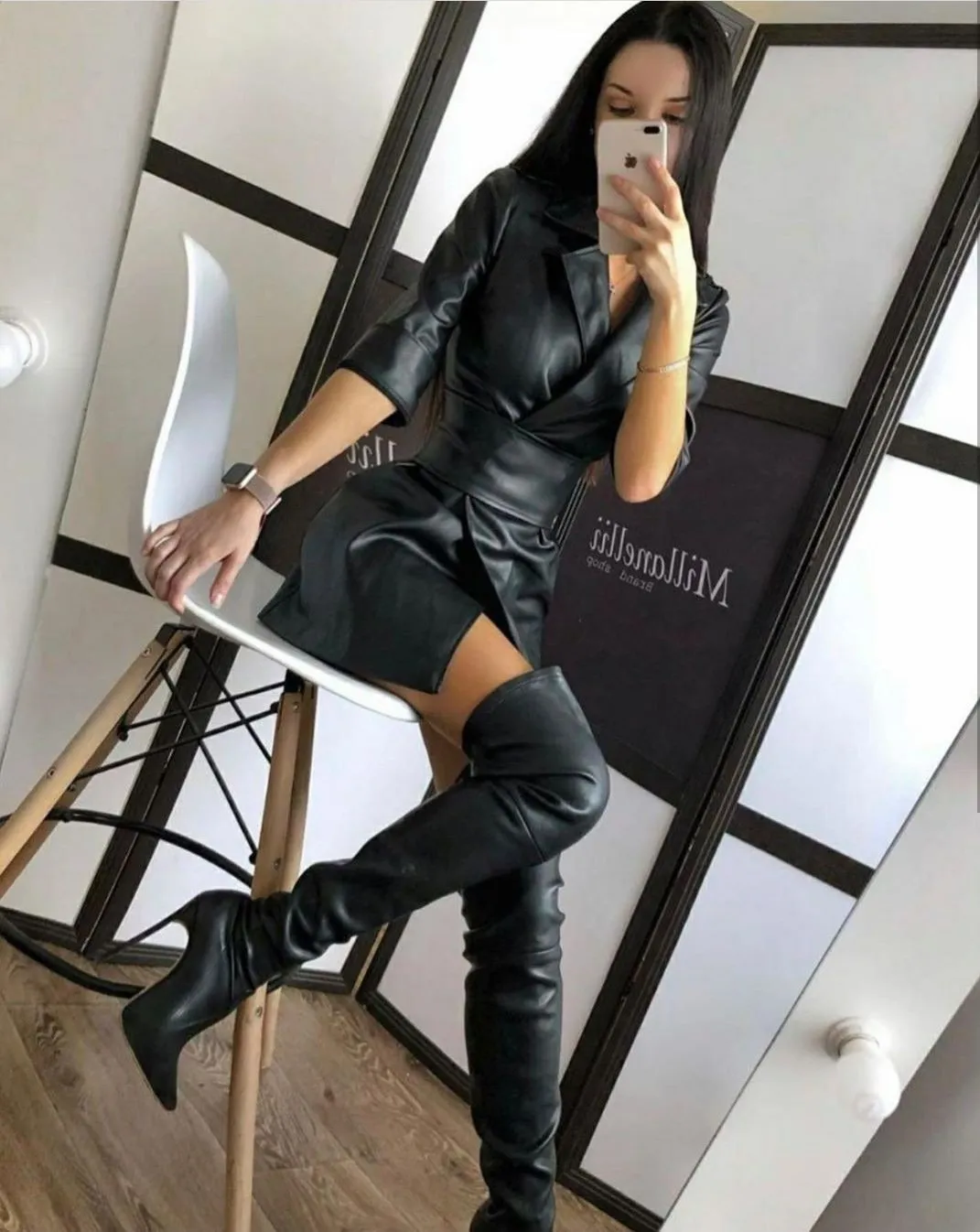 Women Long Sleeves Blazer Mini PU Dresses with Belt
