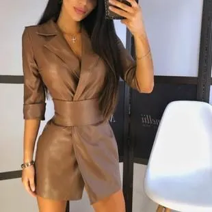 Women Long Sleeves Blazer Mini PU Dresses with Belt