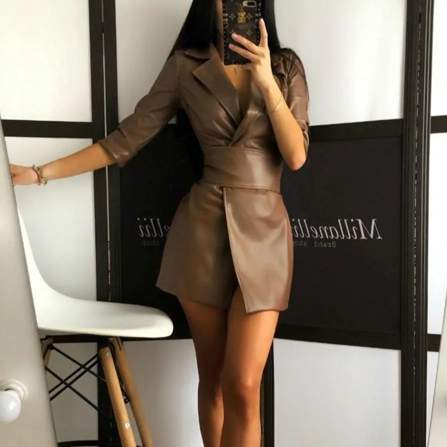 Women Long Sleeves Blazer Mini PU Dresses with Belt