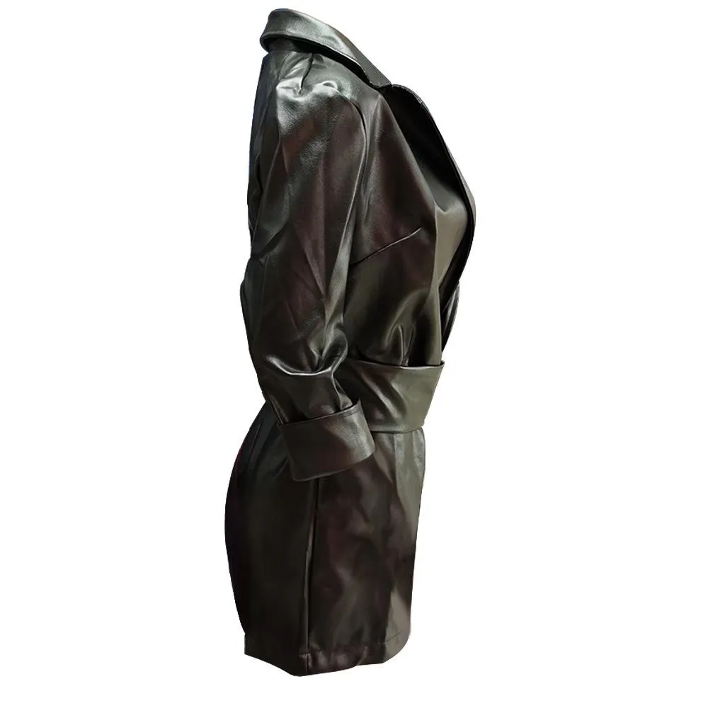 Women Long Sleeves Blazer Mini PU Dresses with Belt