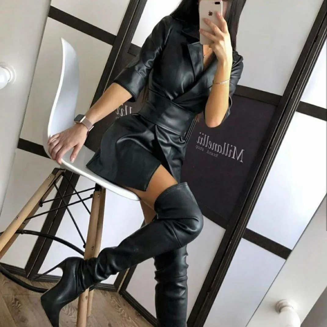 Women Long Sleeves Blazer Mini PU Dresses with Belt