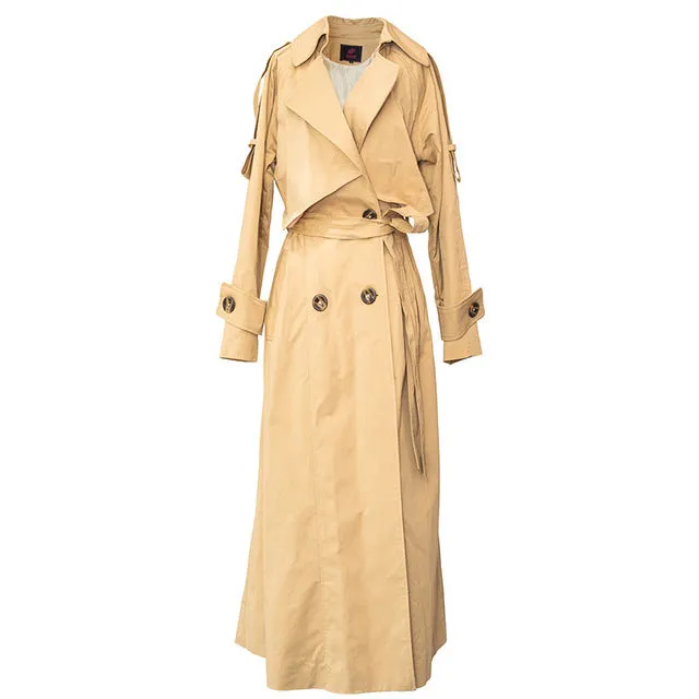 Women Long Trench Coat Belt Turn-down Collar Full Sleeve