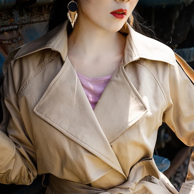 Women Long Trench Coat Belt Turn-down Collar Full Sleeve
