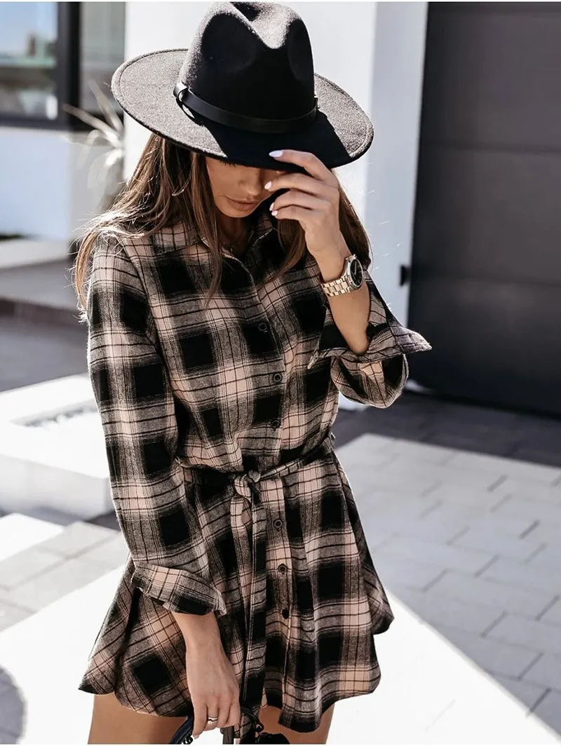 Women Plaid Design Fall Long Sleeves Shirt Dresses