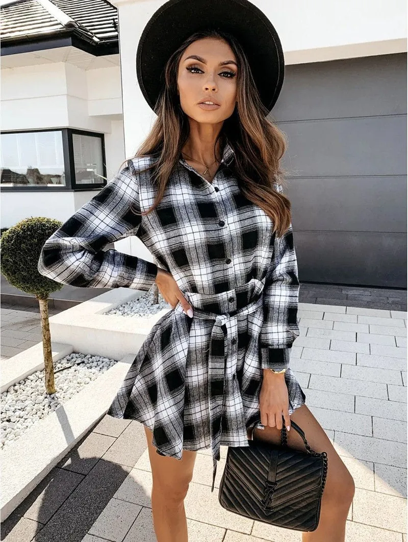 Women Plaid Design Fall Long Sleeves Shirt Dresses