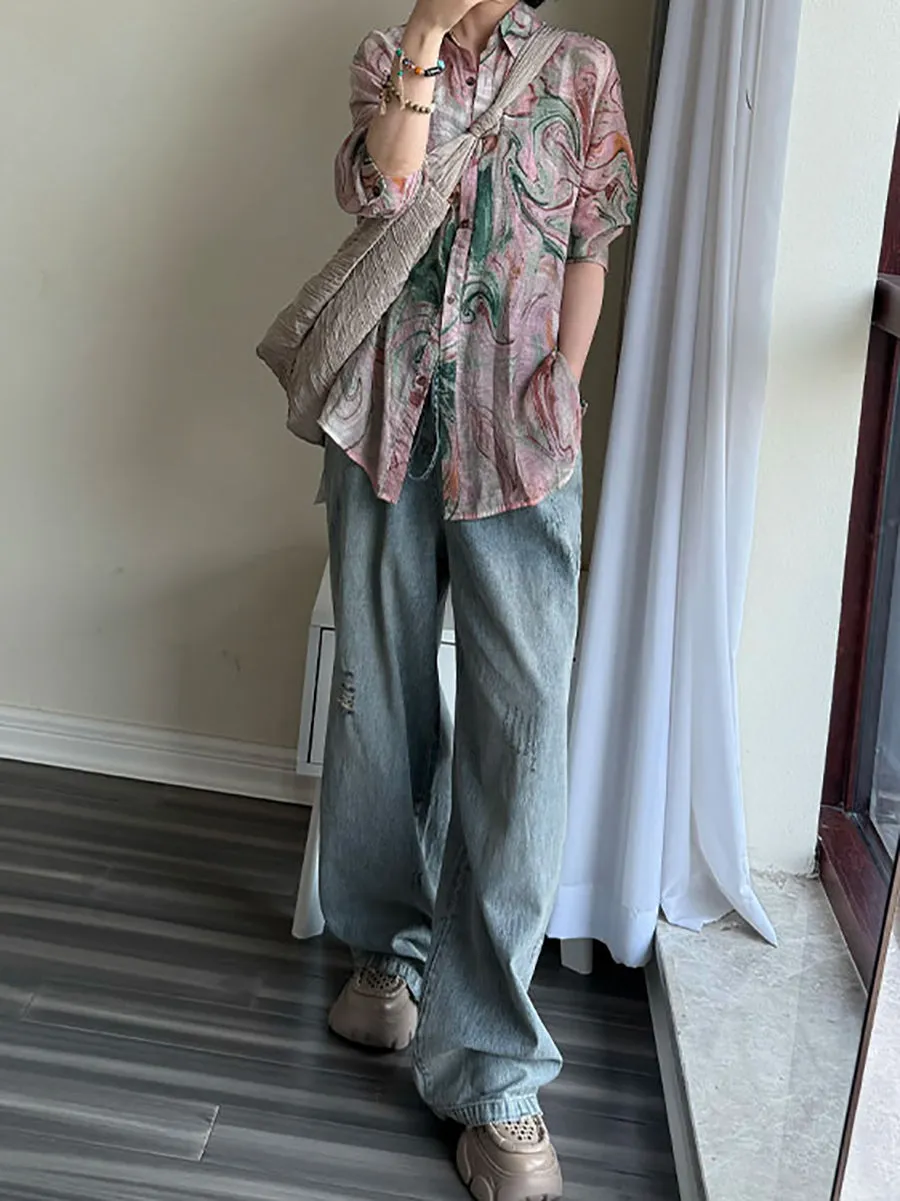 Women Summer Artsy Print Turn-down Collar Cotton Shirt