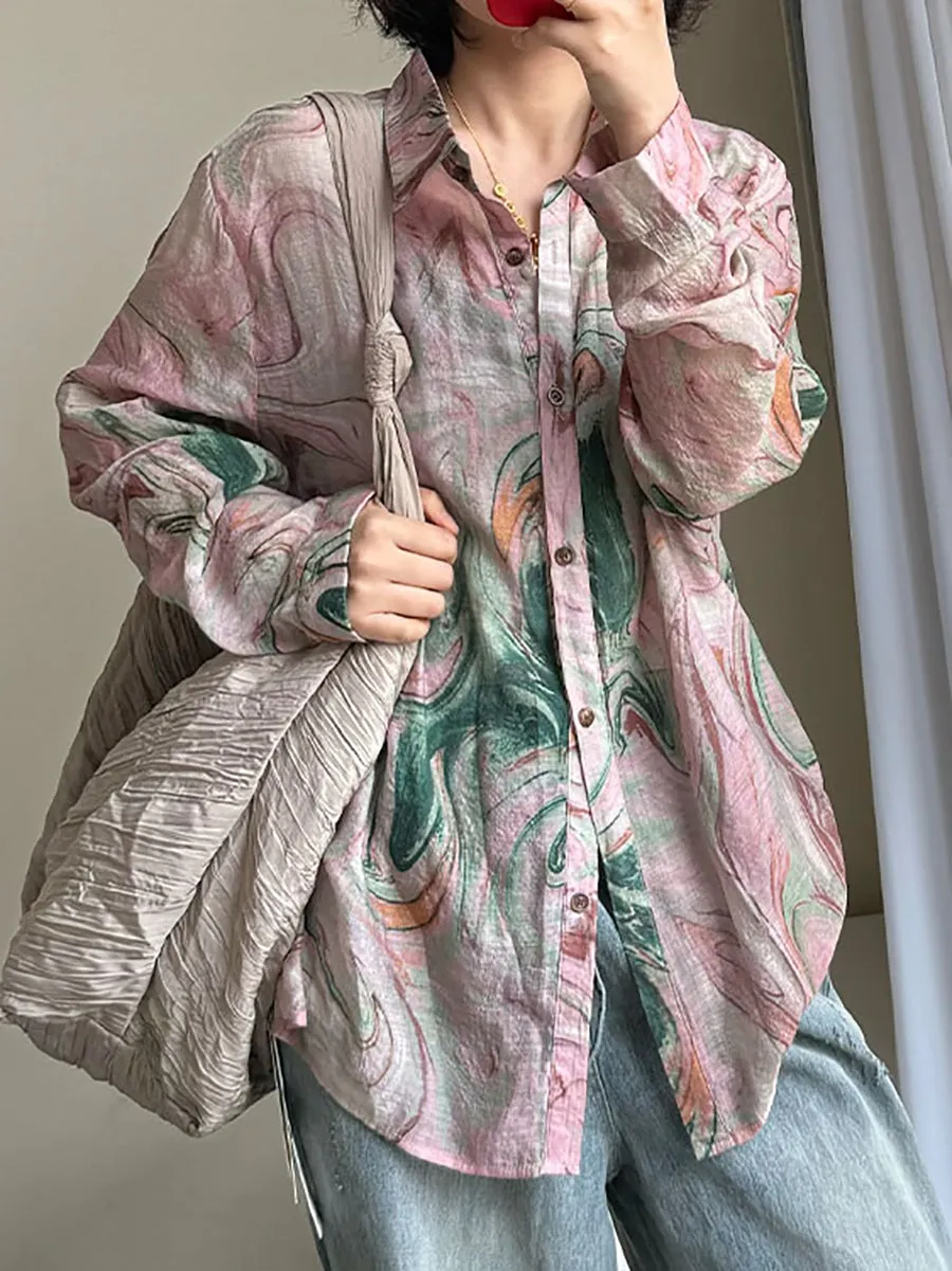 Women Summer Artsy Print Turn-down Collar Cotton Shirt