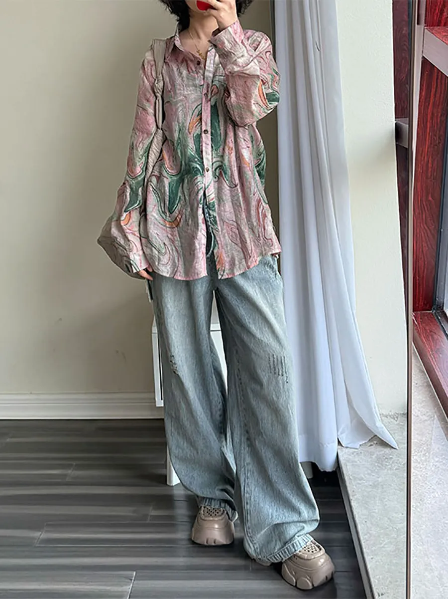 Women Summer Artsy Print Turn-down Collar Cotton Shirt