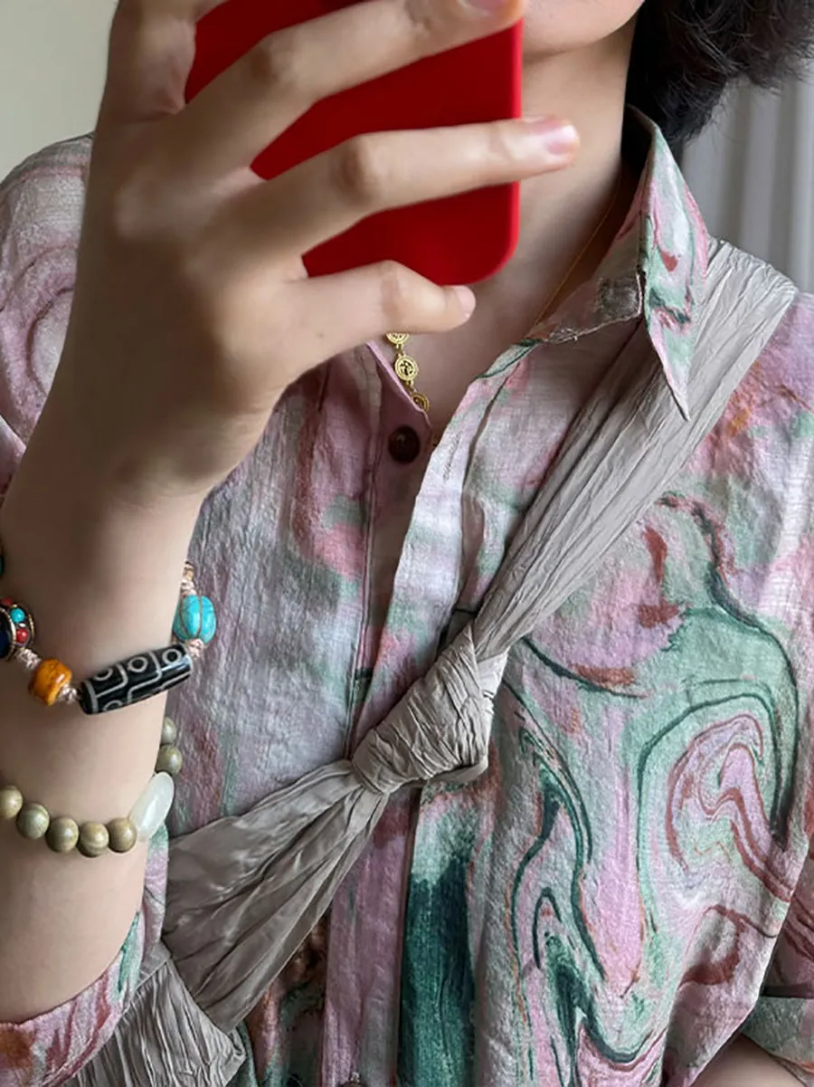Women Summer Artsy Print Turn-down Collar Cotton Shirt