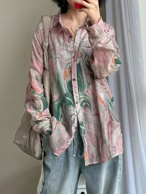 Women Summer Artsy Print Turn-down Collar Cotton Shirt