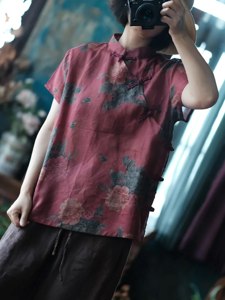 Women Summer Flower Stand Collar Button Ramie Shirt
