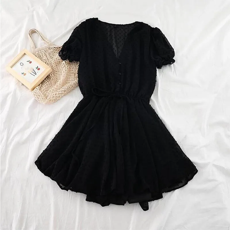 Women V Neck Polka Dot Chiffon Wide Leg Short Rompers Short Sleeves Korean Beach Overalls Loose Casual Summer Wide Leg Playsuits