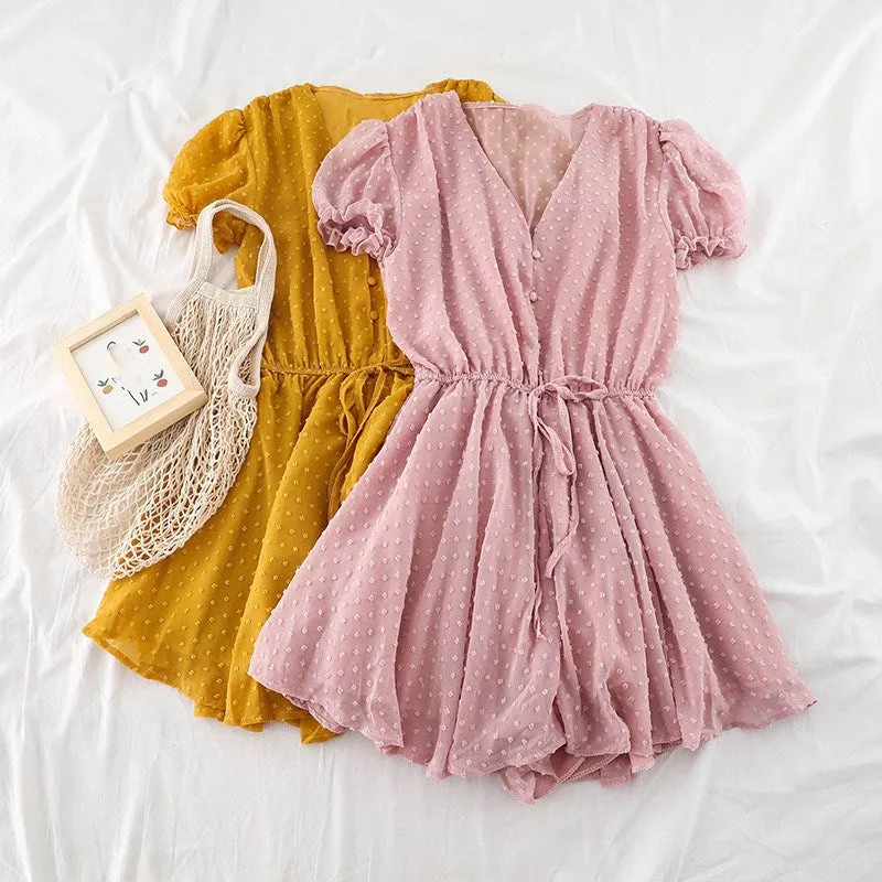 Women V Neck Polka Dot Chiffon Wide Leg Short Rompers Short Sleeves Korean Beach Overalls Loose Casual Summer Wide Leg Playsuits