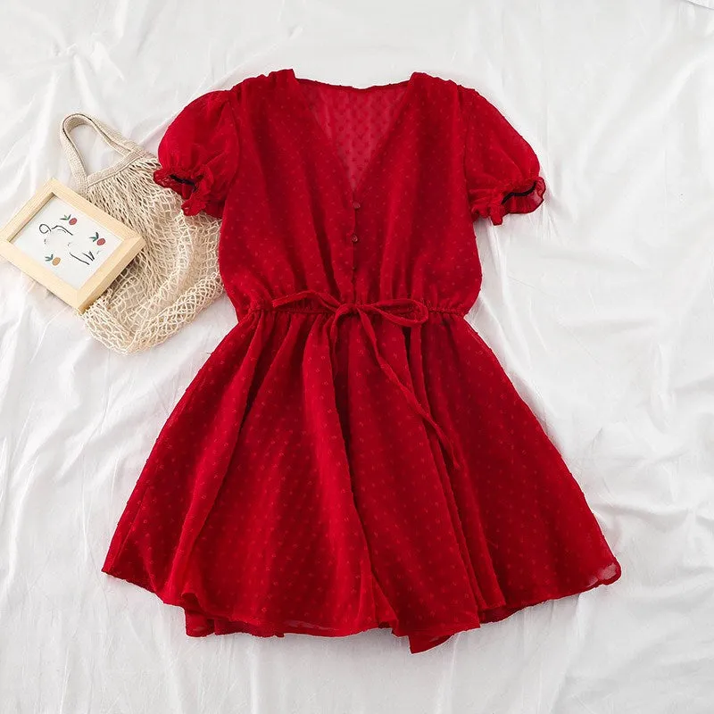 Women V Neck Polka Dot Chiffon Wide Leg Short Rompers Short Sleeves Korean Beach Overalls Loose Casual Summer Wide Leg Playsuits