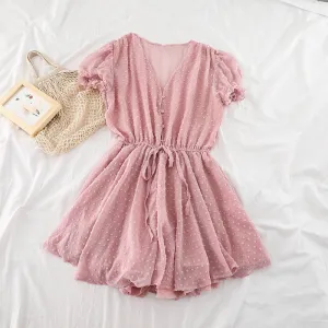 Women V Neck Polka Dot Chiffon Wide Leg Short Rompers Short Sleeves Korean Beach Overalls Loose Casual Summer Wide Leg Playsuits